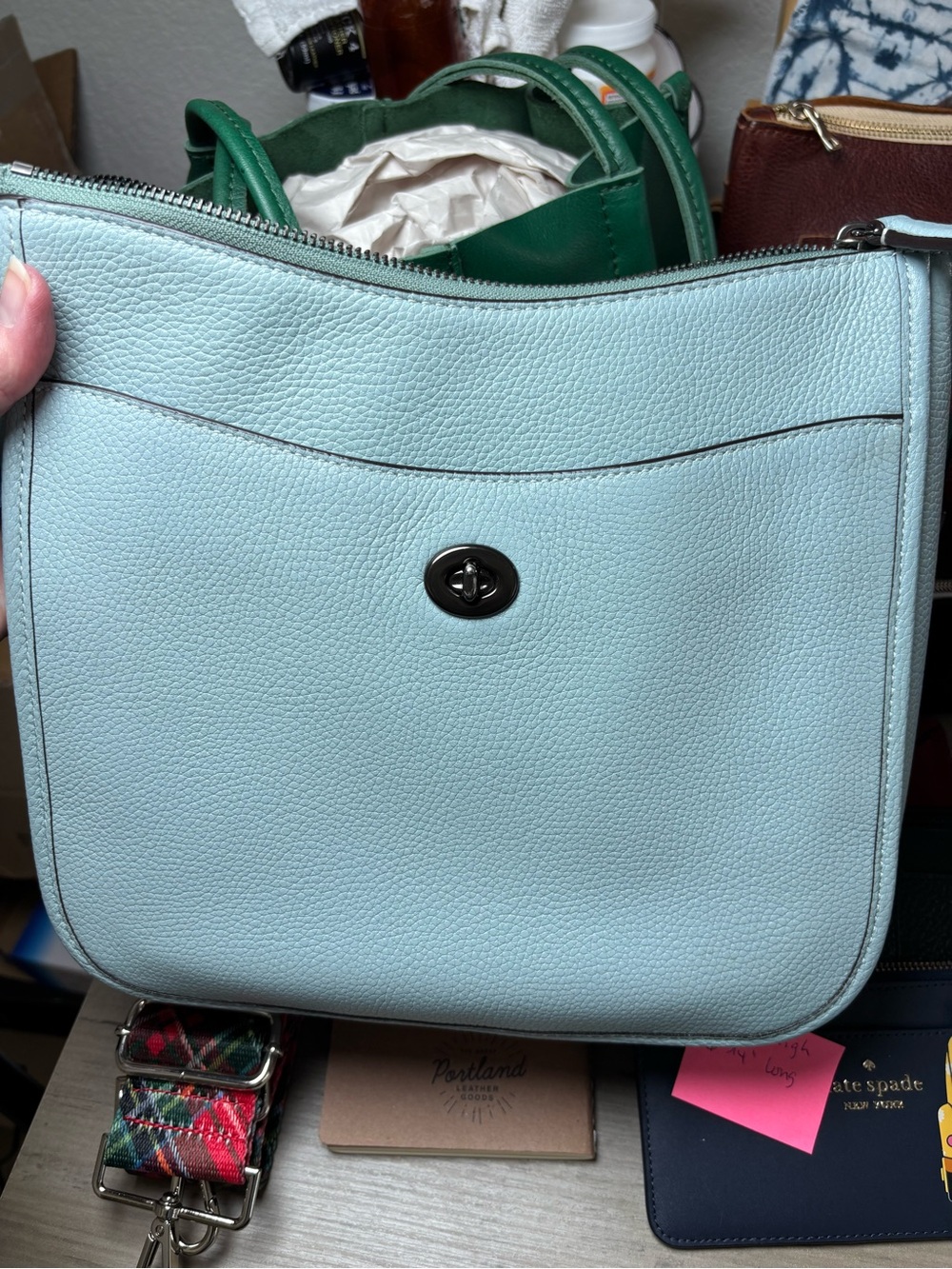 Coach Aqua Blue Pebbled Leather Chaise Crossbody Bag